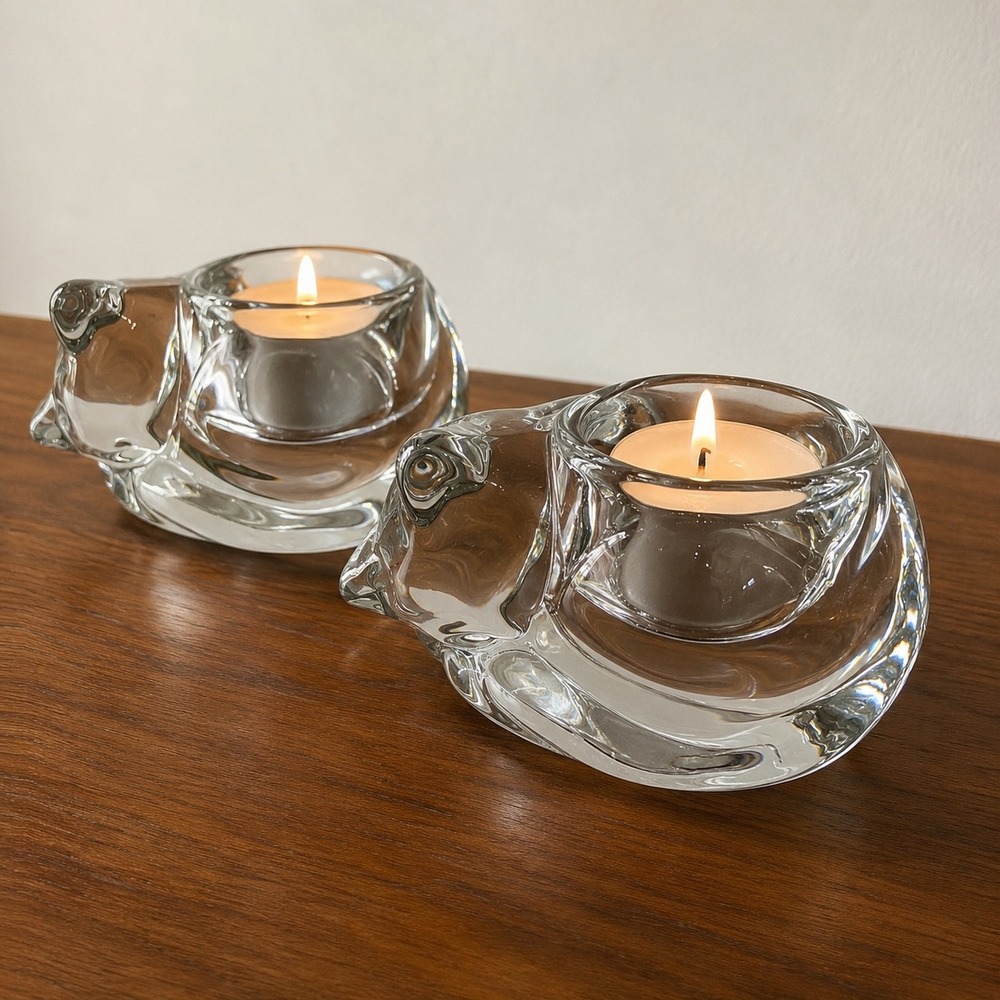 Vintage Indiana Glass Clear Cat Votive Candle Holders Pair
